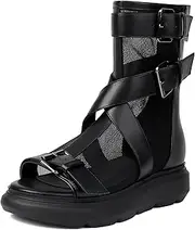 [Feinlina] Black Leather Mesh Open Toe Flat Platform Sandals with Buckle Strap Casual Travel Back Zip Mesh Cool Ankle Boots, black, 7 AU