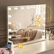 Simplus Vanity Makeup Mirror with Lights Hollywood LED Mirrors Stand, Bluetooth Speaker USB Power Charging and Smart Touch Control Screen, 17 Dimmable LED Lights Stable Base White, 80x62cm
