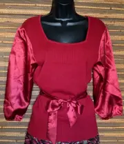New Womens L Garnet Red Ribbed Knit Ramie Cotton Satin Stretchy Sweater Top Belt