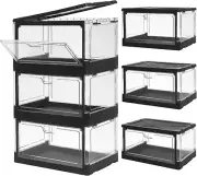 3-Pack Clear Stackable Storage Bins with Lids Magnetic Doors Open Front Foldable