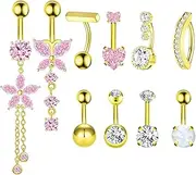 [CharmBurst] Gold Belly Button Rings, 14G Surgical Steel, Dangling Flower and Heart Design, Pink Opal, Waterproof, Hypoallergenic, Belly Piercing and Navel Jewellery, X-Large, Plastic