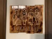 Wood Carving Pyrography Hangable Plaque: Tombstone Scene Movie Wyatt, Doc Mens