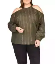 Michael Kors Plus Size Metallic-Stripe Cold-Shoulder Top Green Size 2X MSRP $88