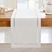 Aoztio Burlap Style Farmhouse Table Runner, 13 x 108 Inch Off White, Rustic Geometric Hollow Table Runners 108 Inches Long for Dresser Table Everyday Use, 13x108 Inches, Off White
