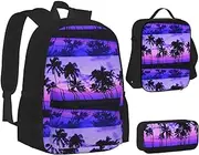 [ERCgad] Palm Tree Purple Sunset Print Canvas 3-In-1 School Bags Set Backpack Lunch Bag Pencil Case Combo For Men Women, Black, One Size