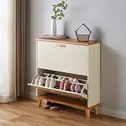 TRAGLO Narrow Shoe Cabinet Wooden Shoe Rack Organizer with 2 Flip Drawers White Slim Hidden Shoe Cupboards Solid Wood Cabinet Legs for Entryway Hallway(100x24x85cm)