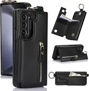 XIMAND for Samsung Galaxy Z Fold 5 Wallet Case with Zipper and Credit Card Holder, Cash Slot, Premium Leather Magnetic Clasp Kickstand Heavy Duty Ring Protective Cover.(Black)