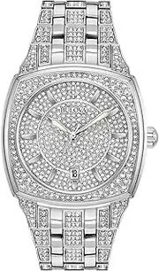 [Bulova] Men's Crystal Phantom 3-Hand Date Quartz Cushion Shaped Case Watch, Pave Crystal Dial, 40mm
