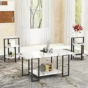 AWQM Faux Marble Table Set,Coffee Table&2 Side Table, Faux Marble Tabletop and Metal Frame,3 Piece Table Sets, for Living Room Apartment,White & Black