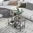 Round Tempered Glass Coffee Table w/ Storage Shelf Modern Circle Side Table Grey