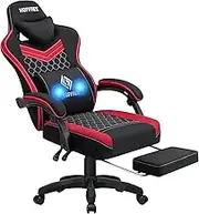HOFFREE Gaming Chair Computer Chair Fabric with Pocket Spring Cushion Massage Game Chair with Footrest Ergonomic Gamer Chair with Lumbar Support Reclining Gaming Chairs for Adults Red and Black