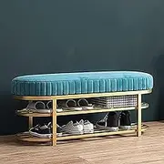 Velvet Shoe Bench with Gold Shoe Rack Modern Entryway Seat with Storage Comfortable Hallway Stool Green 100x32x43cm