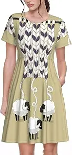 [EdWal] Cartoon Sheep Print Womens Sundress Summer Floral Short Sleeve Wrap Round Neck A-Line Midi Dress Summer