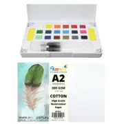 A2 Cotton Watercolour Paper 300gsm + Paint Pan Set with Palette & Brushes Set