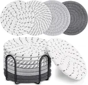 8 Pcs Drink Coasters with Holder, 4 Colors Absorbent Coasters for Drinks, Cotton Woven Coaster Set Decor B