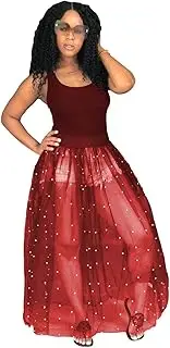 [Z-Mo] Sheer Mesh Maxi Dress with Pearl Beads, Sleeveless Tank Top, Available in Black, Wine Red, Navy Blue