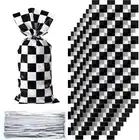 50 Pieces Cellophane Car Candy Bags Black White Checkered Racing Treat Bags Plas