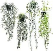 Vnezakl 4 Pcs Artificial Hanging Plants Fake Eucalyptus Potted Plant Fake Pea pod Leaves Faux Succulent Plant Realistic Textured for Living Room Table Garden Wall Decor