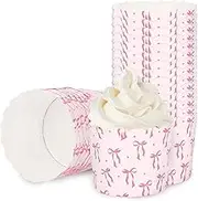 JarThenaAMCS 100Pcs Pink Bow Paper Baking Cups Bowknot Cupcake Wrappers Coquette Ribbon Bow Scalloped Edge Cupcake Muffin Cases for Girls Birthday Wedding Baby Shower Party Dessert Decoration
