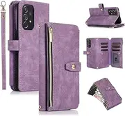[UEEBAI] Case for Samsung Galaxy A53 5G, 9 Card Slots Retro Leather Wallet Shockproof Flip Cover with Hand Strap Card Slots Zipper Pocket Kickstand Handbag Magnetic Closure - Retro Purple