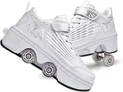 [RDJSHOP] Roller Skates Shoes Kids, 2 In1 Multifunctional Deformed Shoes with Double-Row Deform Wheel Unisex Adults Skateboarding Shoes for Outdoor Sports,White-6