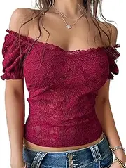 [MANSY] Women Off Shoulder Lace Going Out Crop Tops Sexy Slim Short Sleeve See Through Backless Crop Blouse Shirts