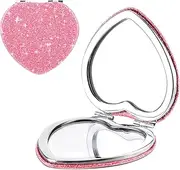 YUXIANLB Compact Mirror for Purse, Heart Shaped Double-Sided 1X/2X Magnifying Glitter Mini Vanity Mirror Travel Portable Pocket Makeup Mirrors for Women Girls (Pink)