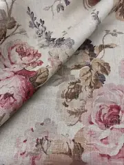Mulberry Large Floral Linen Print Fabric- Vintage Floral / Antique Rose 1.30 yds