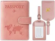 [YUNPYCHY] Passport Holder, Passport Organiser, Passport Cover, PU Leather Passport Cover + 2 Pieces Suitcase Tag, for Men and Women, Holiday Accessories, Travel Essentials (Sakura Pink), Sakura Pink, 1