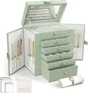 LIAN 6-Layer Large Jewelry Box with Big Mirror Functional Huge 5 Drawers Leather Jewelry Storage Case for Women Girls Ring Necklace Earring Bracelet Holder Organizer (Large-Pale Green)
