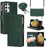 [Cavor] for Samsung Galaxy S21 Ultra Case 6.8 inch PU Leather Folio Flip Wallet Back Cover Magnetic Case with Long Shoulder Lanyard Zipper Coin Purse 9 Card Holder Kickstand Wristlet Strap-Green