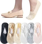 [SXCCNW] No Show Lace Socks for Women, 6 Pairs Ladies Low Cut Liner Invisible Socks, Non slip Soft Breathable Ankle Socks Boat Socks for Loafers Sneakers Flats Boat Shoes, Black nude grey white pink, 34-41