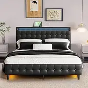 Luxsuite Queen Size Bed Frame Metal Mattress Base Wooden Platform Foundation with PU Leather Headboard BedHead Sleep Bedroom Furniture Black