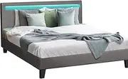 OIKITURE 28CM Height Platform Bed Frame with LED Headboard - Mattress Foundation with Velcro Strip Slats, Upholstered with Linen Fabric, Easy Assembly, 280KG Weight Capacity, Double Size, Grey