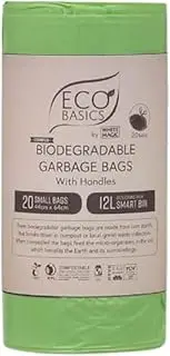Eco Basics Biodegradable Garbage Bags with Handles – Small, 20 Bags, 12L, 44 x 64cm, Strong & Compostable Corn Starch Bags
