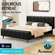ALFORDSON Bed Frame Double Size Tufted Headboard Base Black Leather HUNDOLF