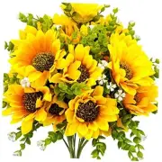Sunflowers Artificial Flowers Bouquet with Stem, 3 Pack Silk Faux Fake