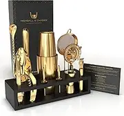 Highball & Chaser Bartender Kit with Black Bamboo Stand Beautiful Cocktail Shaker Set and Bar Tools Stainless Steel Boston Shaker Bartender Kit with Stand (Antique Gold)