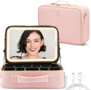 Large Pink Travel Makeup Bag with LED Mirror and USB-C Charging Cable