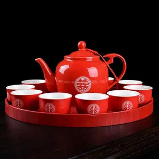 龍鳳紅雙喜慶茶壺陶瓷茶壺580ml功夫茶具結婚茶壺婚慶禮品瓷紅色