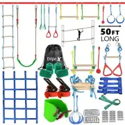 Ninja Warrior Obstacle Course for Kids Backyard - 2×50ft Slackline Kit with
