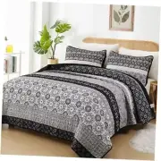 Boho Quilt Set King, Bohemian Black Striped Patchwork Bedspread Coverlet Set