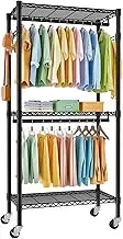 Forthcan Wire Garment Rack, Heavy Duty Rolling Clothes Rack for Hanging Clothes, 3 Tiers Adjustable Metal Clothing Rack with Storage Shelves, Lockable Wheels Freestanding Closet Wardrobe