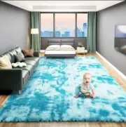 Large 9x12 Area Rugs for Living Room, Luxury Fluffy 9X12 Feet Tie-dyed Blue