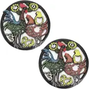 2Pcs Cast Iron Painted Cock Family Trivet 8" Decorative Trivet Mat Hot Pot Holde