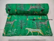 Indien Queen Animal Print Blanket Green Summer Cotton Home D?cor Kantha Quilt