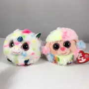 SET of 2 TY Puffies HARMONIE Unicorn & RAINBOW Poodle (4 Inch) Stuffed Plush Toy