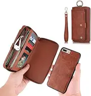 iPhone 7 Plus Wallet Case - JAZ Zipper Purse Detachable Magnetic14 Card Slots Card Slots Money Pocket Clutch Leather Wallet Case for iPhone 8 Plus/7 Plus Brown