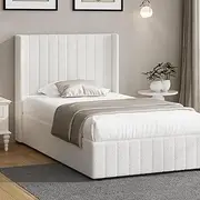 Oikiture King Single Bed Frame Gas Lift Mattress Platform Boucle Fabric Bed White
