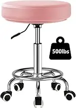 LIMKOMES Round Rolling Stool with Footrest, Patent Leather Drafting Stool Chair with Wheels Work Spa Salon Seat(Pink)